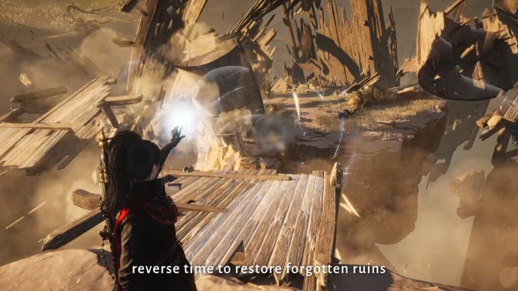 Giocatore di Where Winds Meet che usa l'abilità Inversione Temporale sulle tazze frantumate rivelando un forziere nascosto a Liangzhou