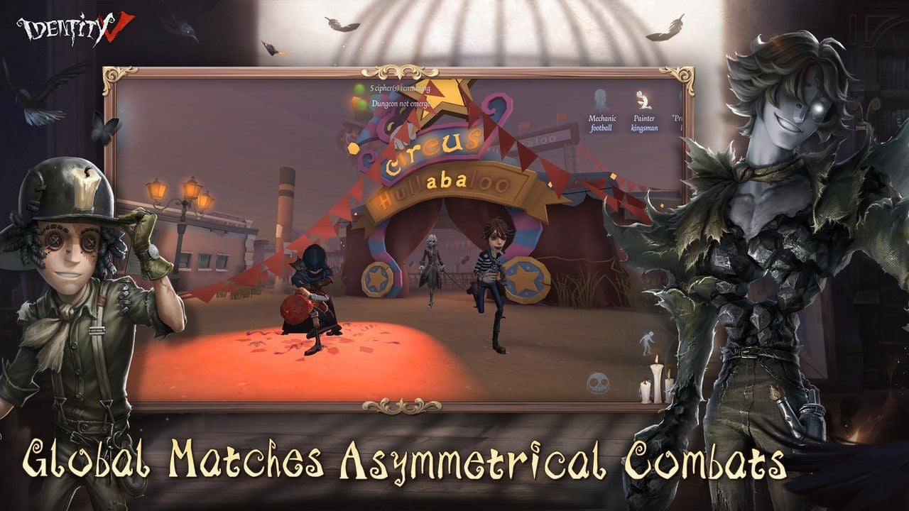 Captura de pantalla de partida de Identity V con Prospector y una persecución de cinco máquinas