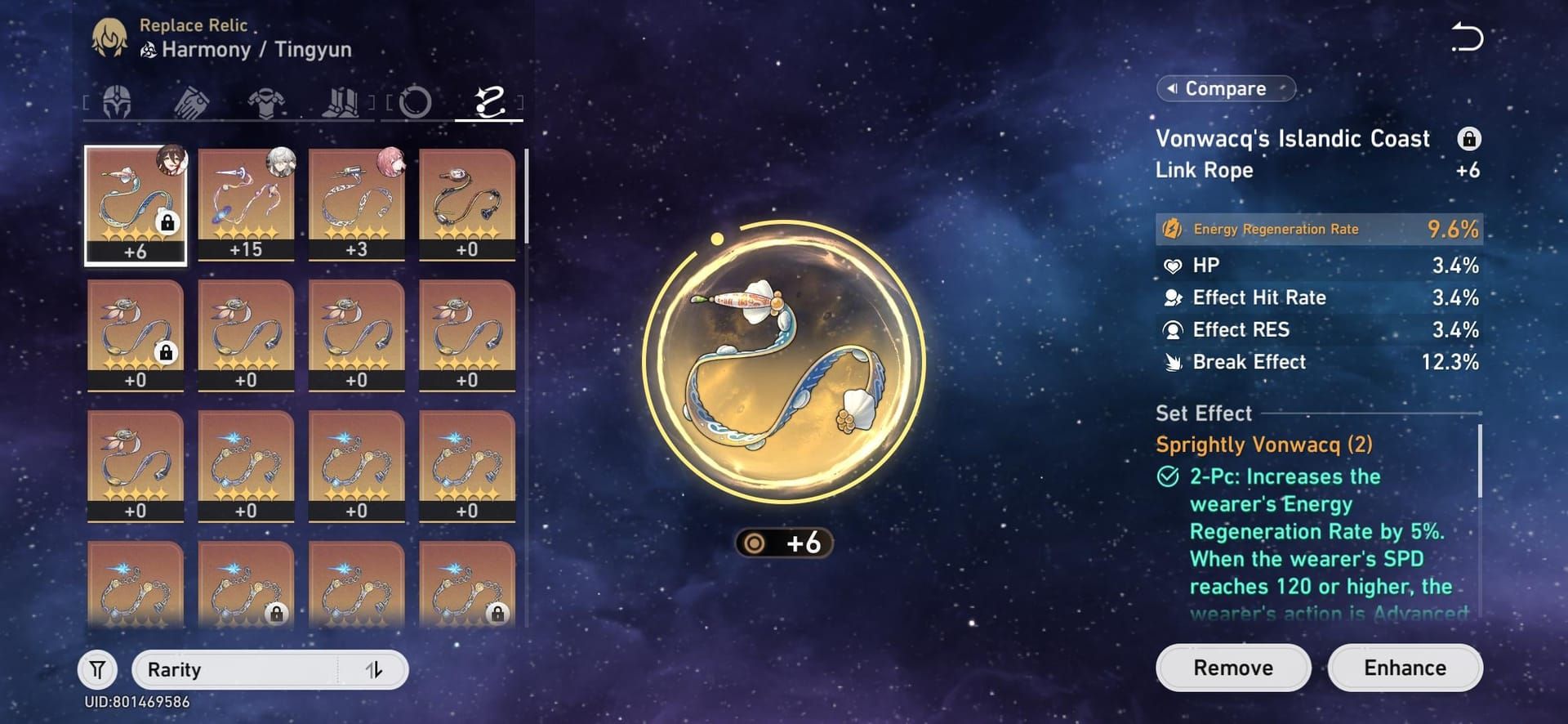 Kepingan relik tali Honkai Star Rail menunjukkan substat Kadar CRIT dan ATK%