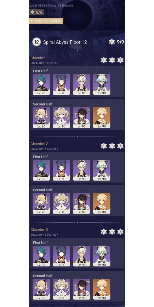 Genshin Impact Spiral Abyss Abschluss-Screenshot, der Clear-Zeiten und 36-Sterne-Ergebnisse mit der Overvape-Teamstrategie zeigt