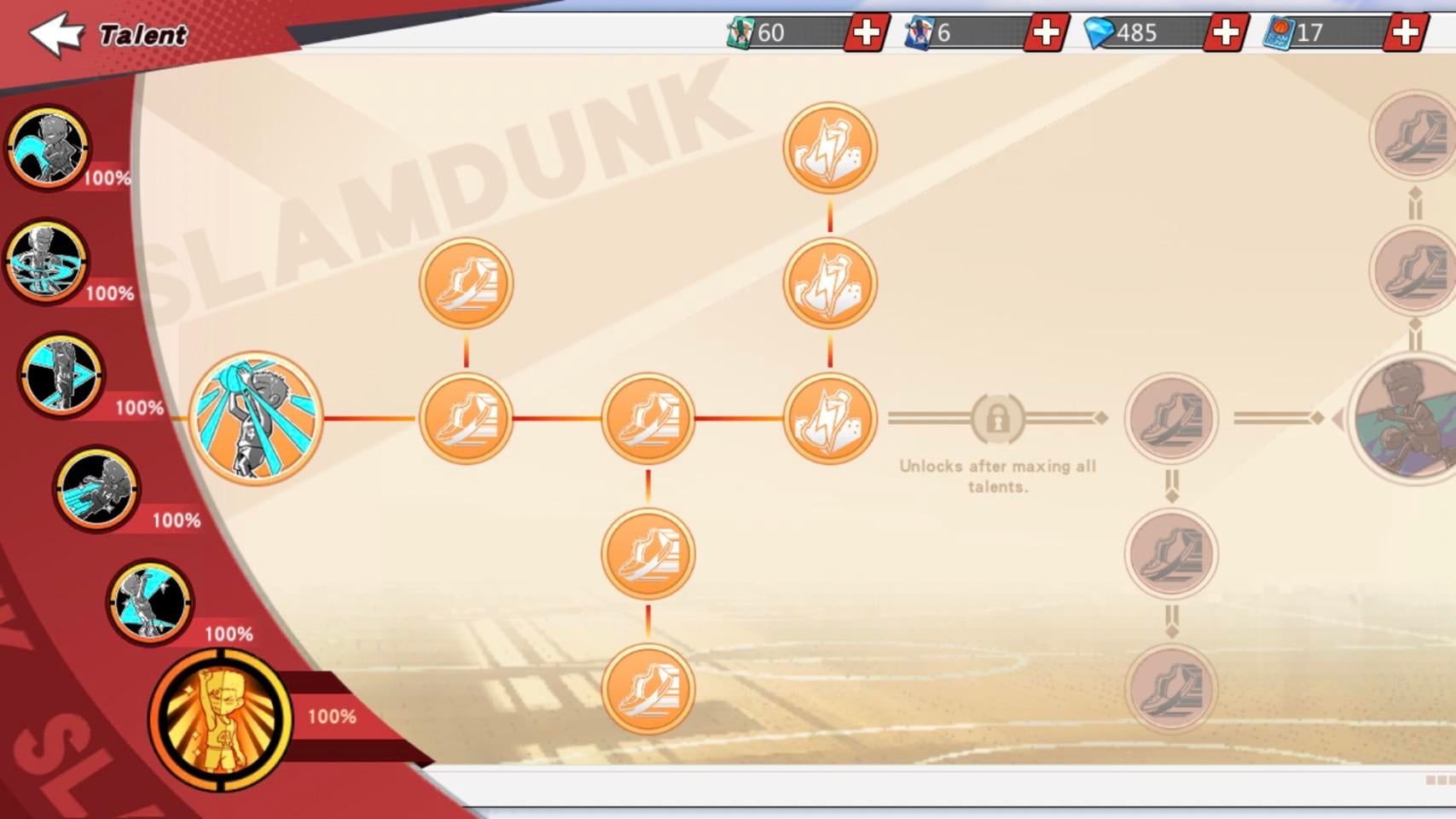 Interfaccia dell'albero dei talenti dei personaggi in Slam Dunk Mobile