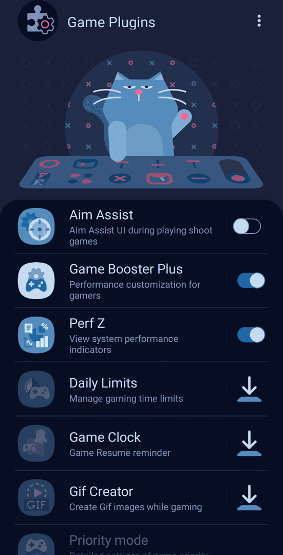 Samsung Game Booster interface with performance settings for PUBG Mobile optimization