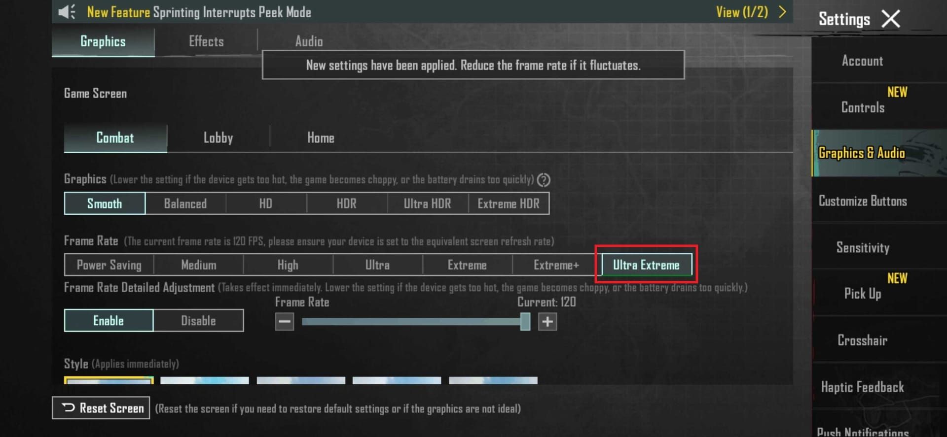 Step-by-step visual guide showing how to enable 120 FPS Ultra Extreme mode in PUBG Mobile settings menu