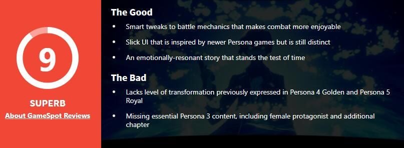 "Persona 3: Reload" received an average score of 89 from MC media and received a double 9-point rating from IGN/GS