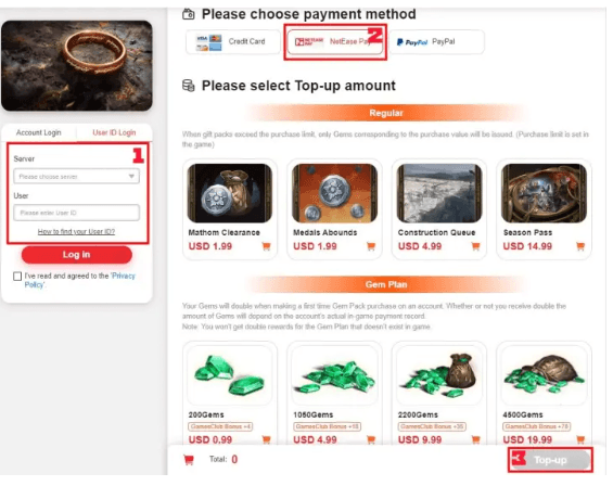 Official NetEase Web Payment Center showing Character UID and PIN entry fields