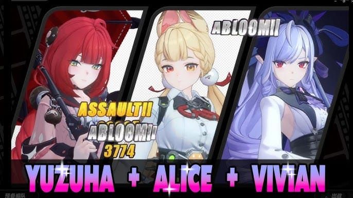Team composition showing Alice, Yuzuha, and Vivian characters together