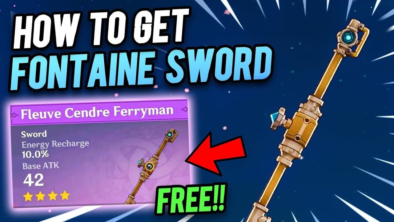 Fleuve Cendre Ferryman sword weapon from Genshin Impact showing Energy Recharge stats