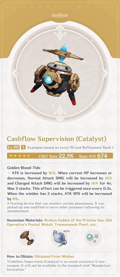 Cashflow Supervision catalyst weapon from Genshin Impact displaying weapon appearance and base stats