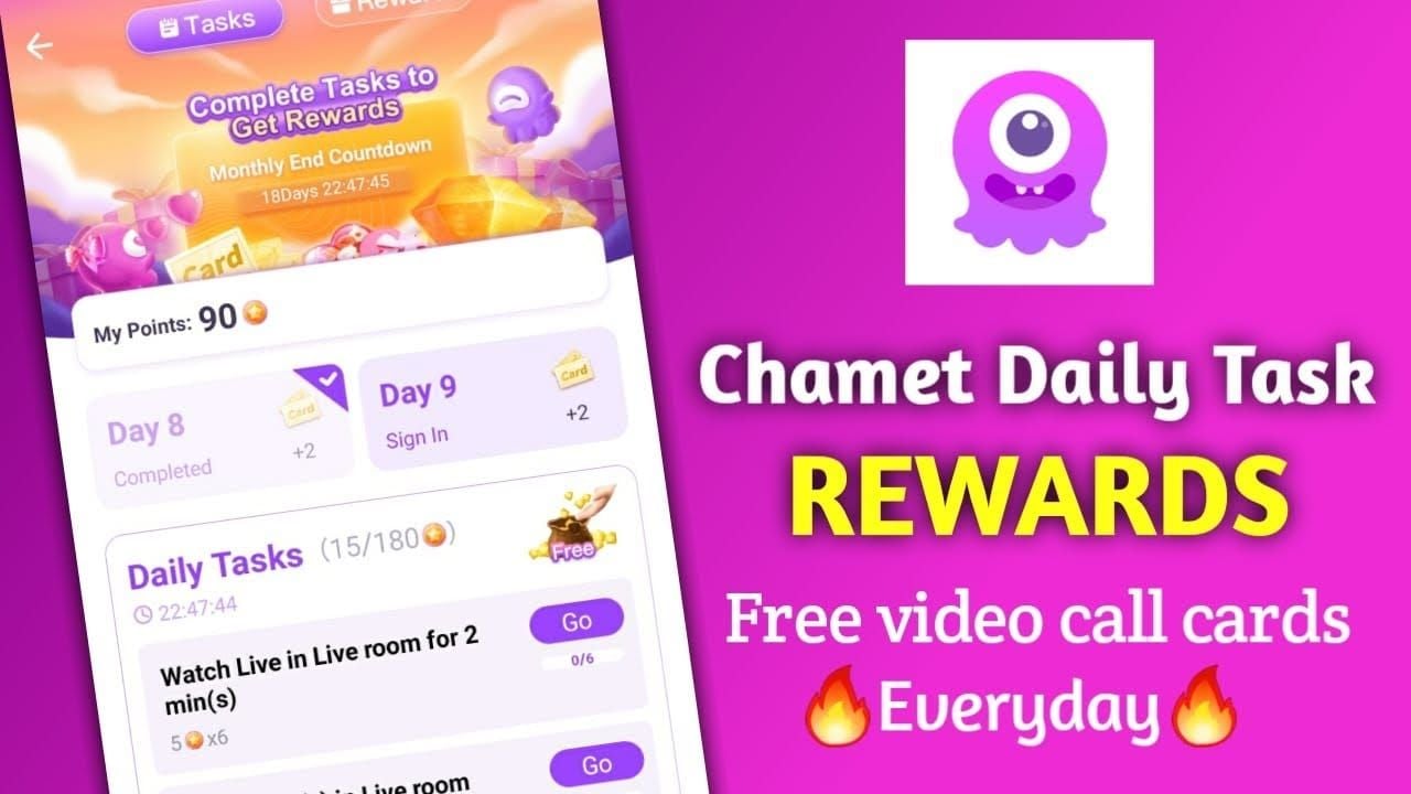 Chamet daily check-in screen showing login streak rewards and diamond bonuses