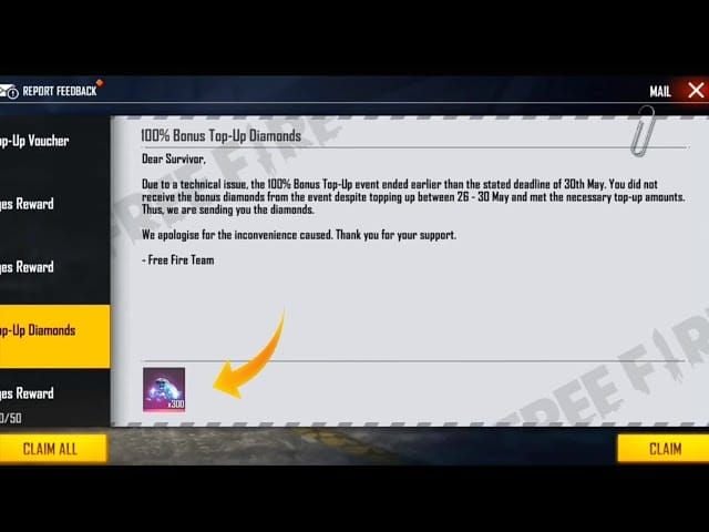 Free Fire Diamonds received in game mail
