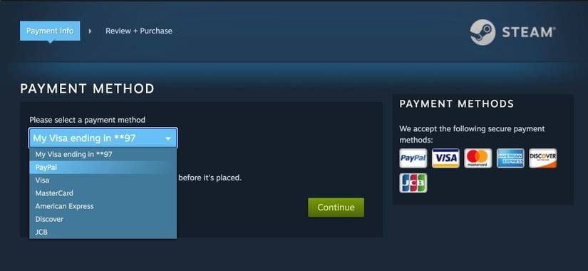 Интерфейс оформления заказа в магазине Steam с вариантами оплаты