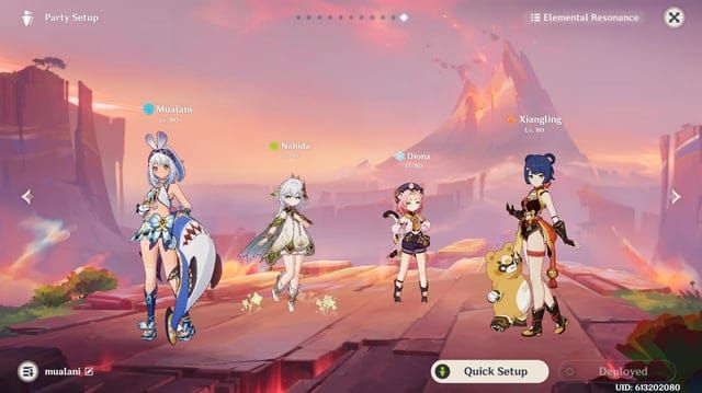 Arte da equipe F2P de Genshin Impact: Mualani, Xiangling, Sucrose e Bennett para rotação de Vaporizar Reversa