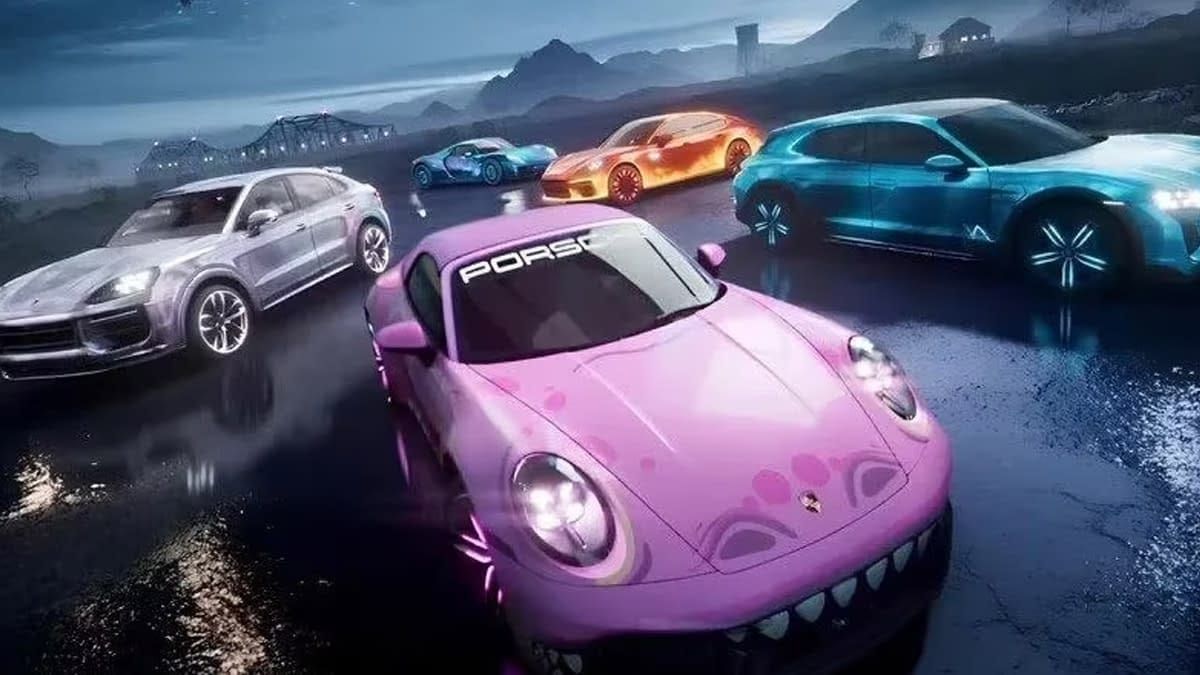 Porsche 911 Carrera 4 GTS едет на высокой скорости в PUBG Mobile, демонстрируя эффекты ускорения и производительность