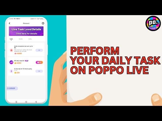 Poppo Live 介面顯示每日任務和免費金幣賺取機會