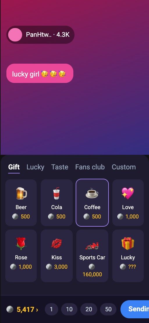 Painel de presentes do Poppo Live com preços em moedas e botão de envio