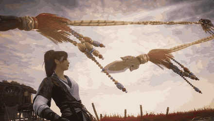 Animated clip of a wanderer fighting a boss with a long staff among red reeds on the Qingzhou shore
