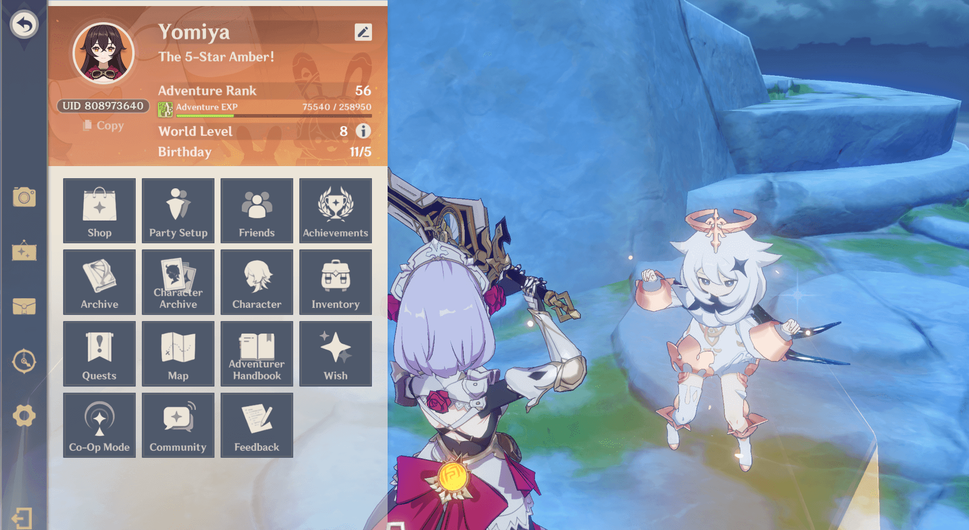 Genshin Impact in-game menu showing the path to redeem codes through Paimon's settings