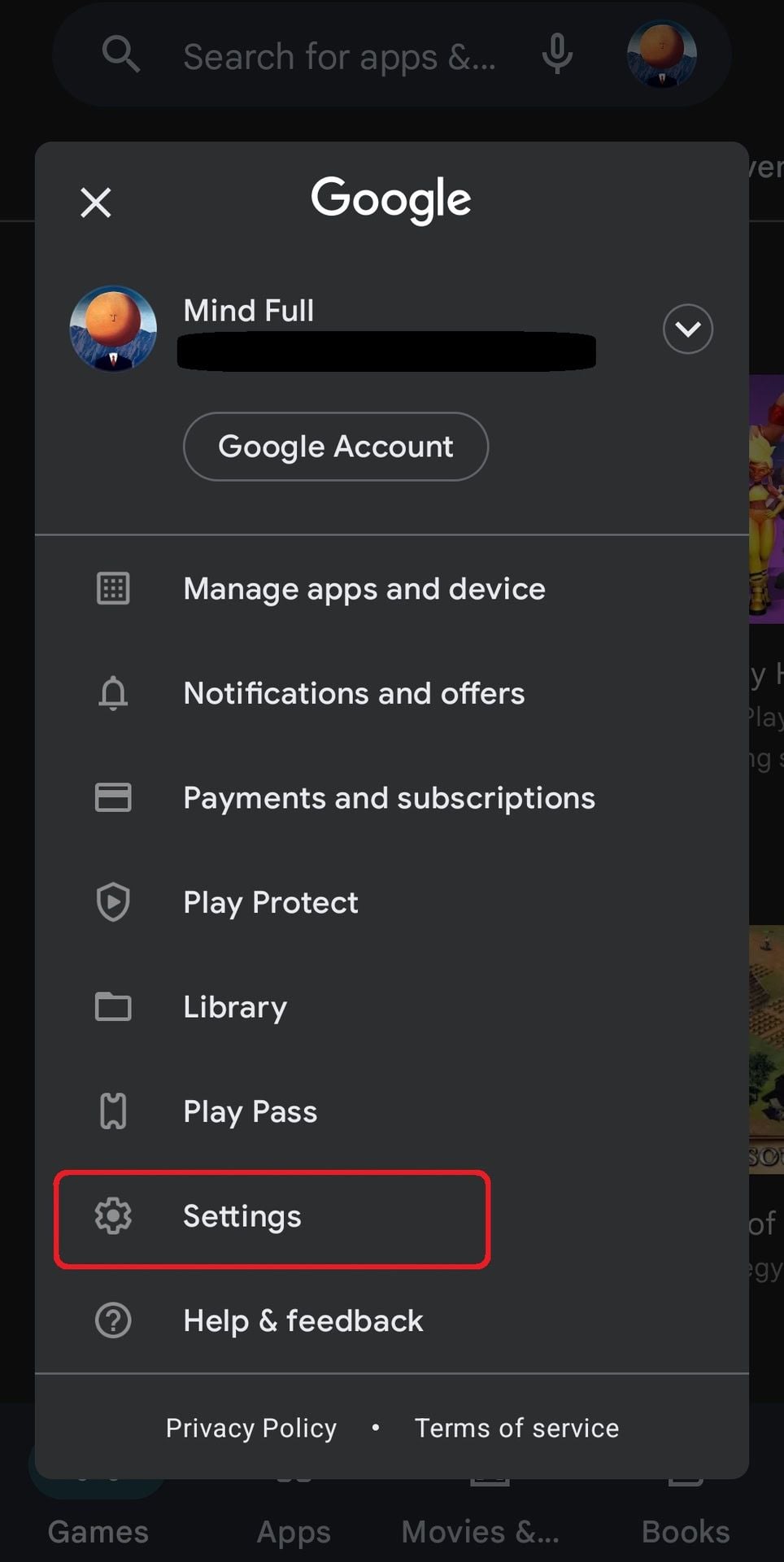 Google Play Store account settings interface showing country and profiles region options