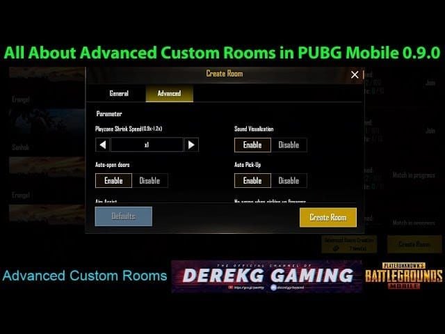 Interfaz de configuración de sala personalizada de PUBG Mobile con ajustes de zona de juego