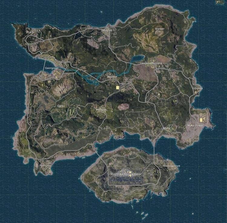 PUBG Mobile Erangel map showing Pochinki arena area with enhanced loot spawns and tactical positions
