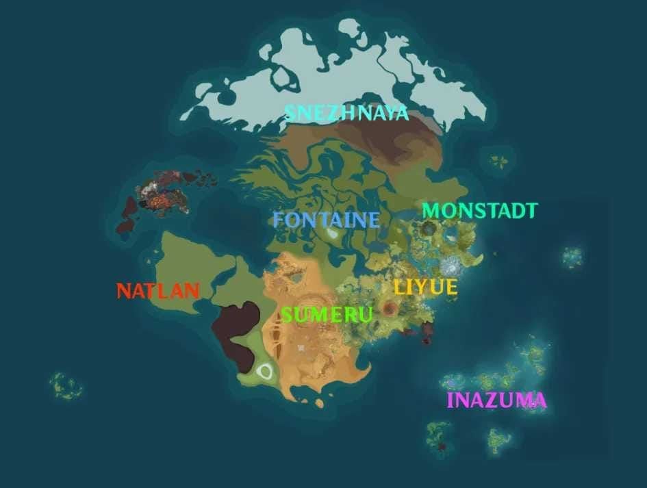 Genshin Impact world map highlighting Fontaine and Natlan regions for Reunion Locales exploration