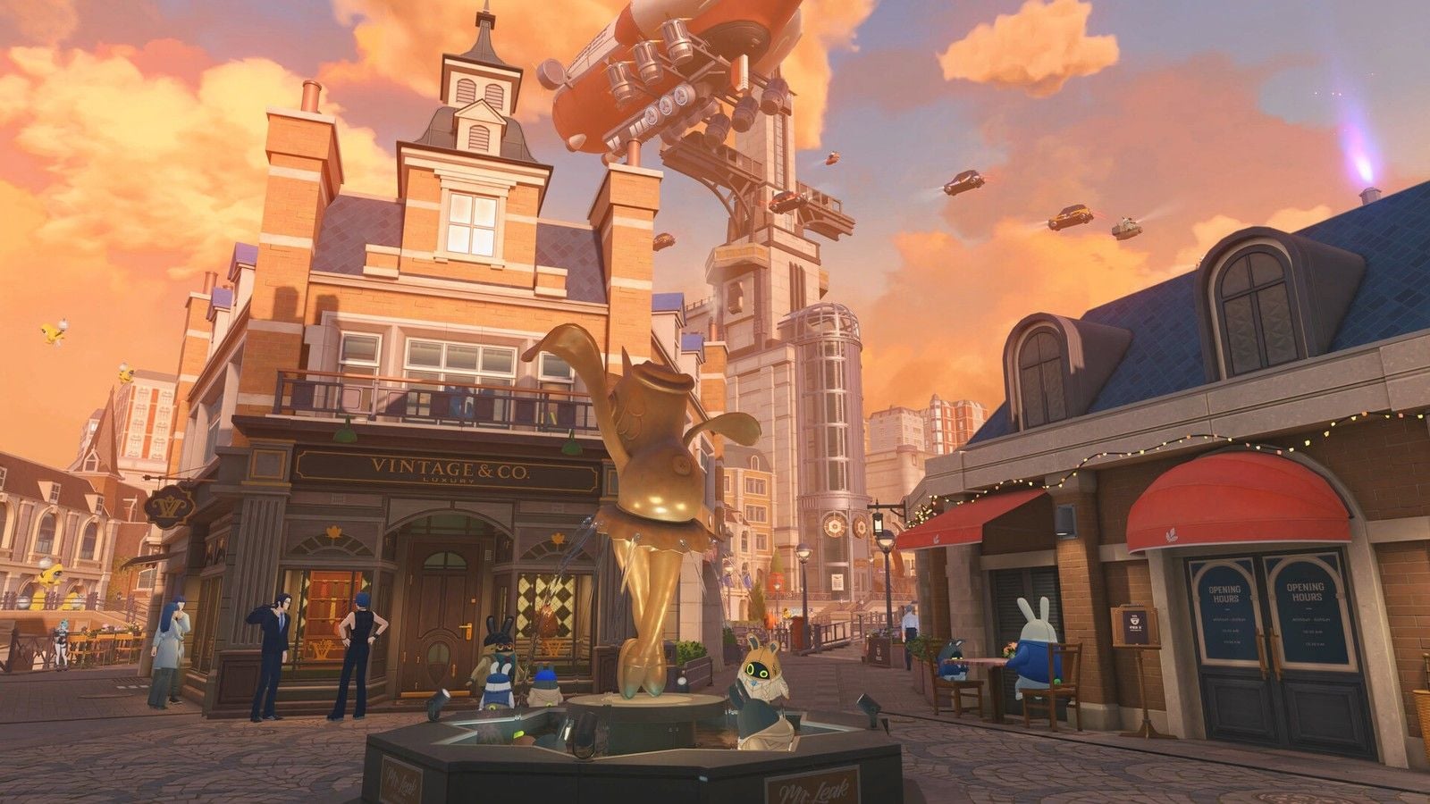 New Eridu plaza with Bangboo companions at sunset in Zenless Zone Zero