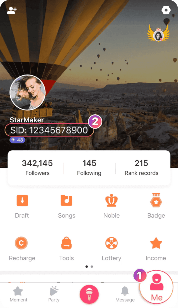 Antara muka profil StarMaker menunjukkan SID untuk tambah nilai