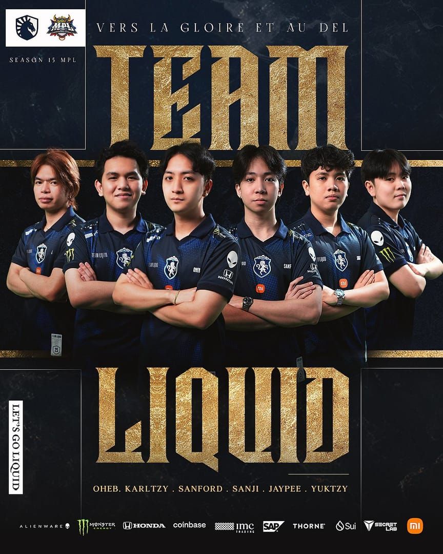 واجهة تشكيلة فريق Team Liquid PH تعرض اللاعبين الخمسة وأدوارهم المحددة