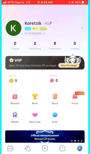 GIF страницы профиля Poppo Live, где пользователь нажимает Coins и открывается экран Top-up coins