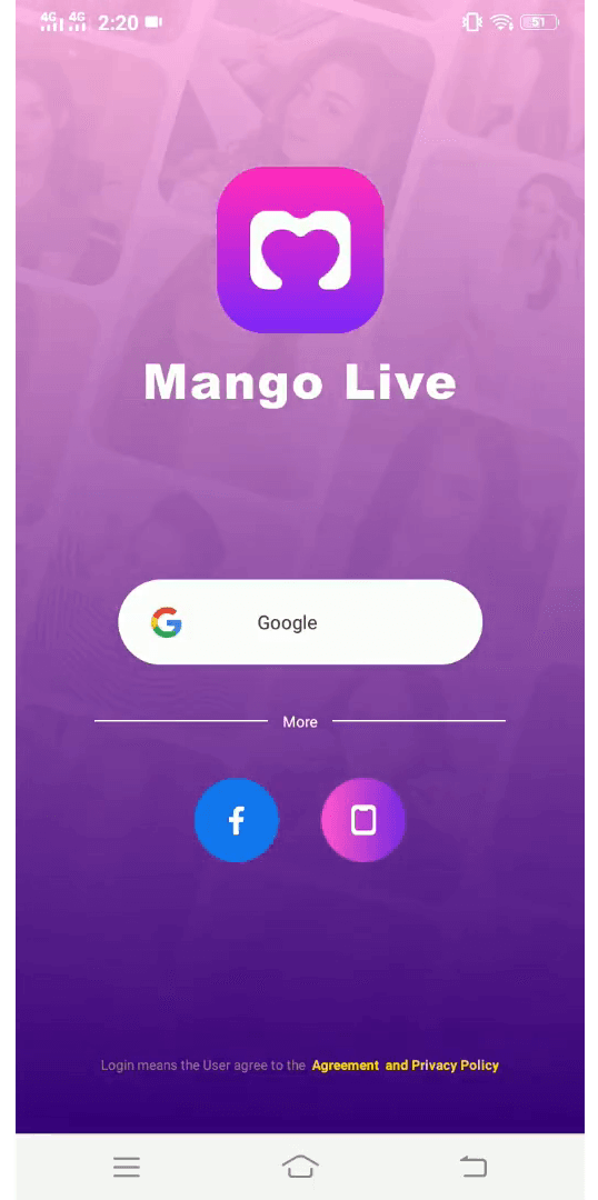 Mango Live 登录界面，带有紫色心形 M 标志以及 Google 和 Facebook 登录按钮