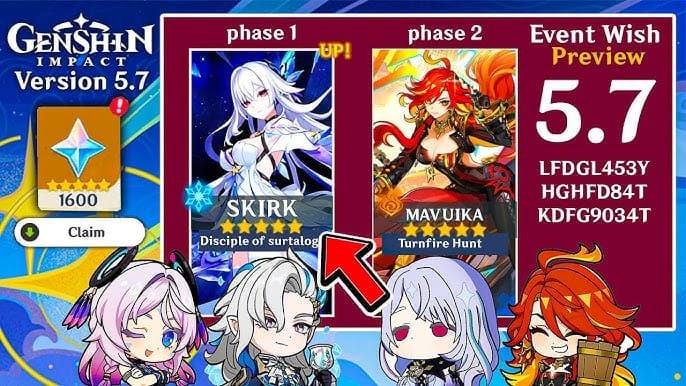 Genshin Impact version preview livestream displaying promotional codes on screen