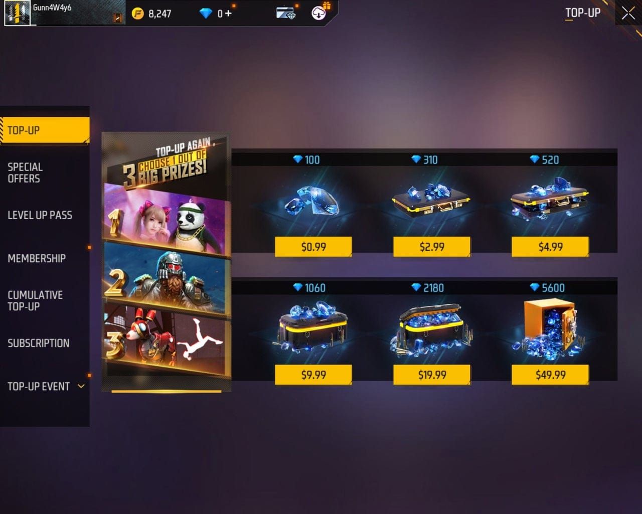 Free Fire in-game diamond purchase options and pricing
