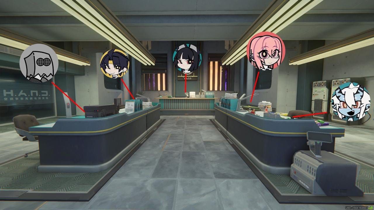 Screenshot della scrivania di Tsukishiro Yanagi con occhiali e documenti nel quartier generale della Sezione 6 di Zenless Zone Zero