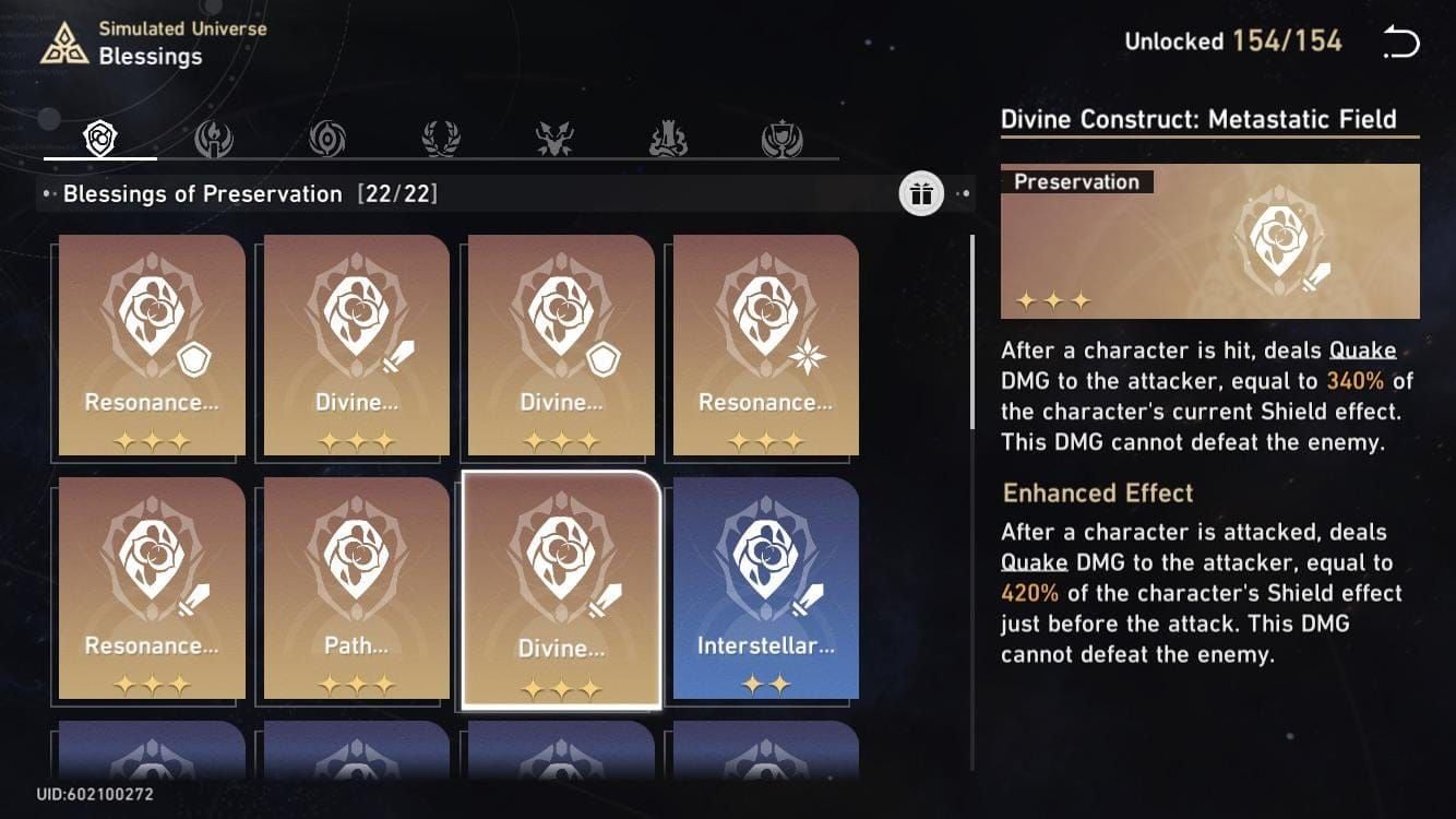 Iconos de bendiciones de la Vía de Conservación del Universo Simulado de Honkai Star Rail y guía de efectos