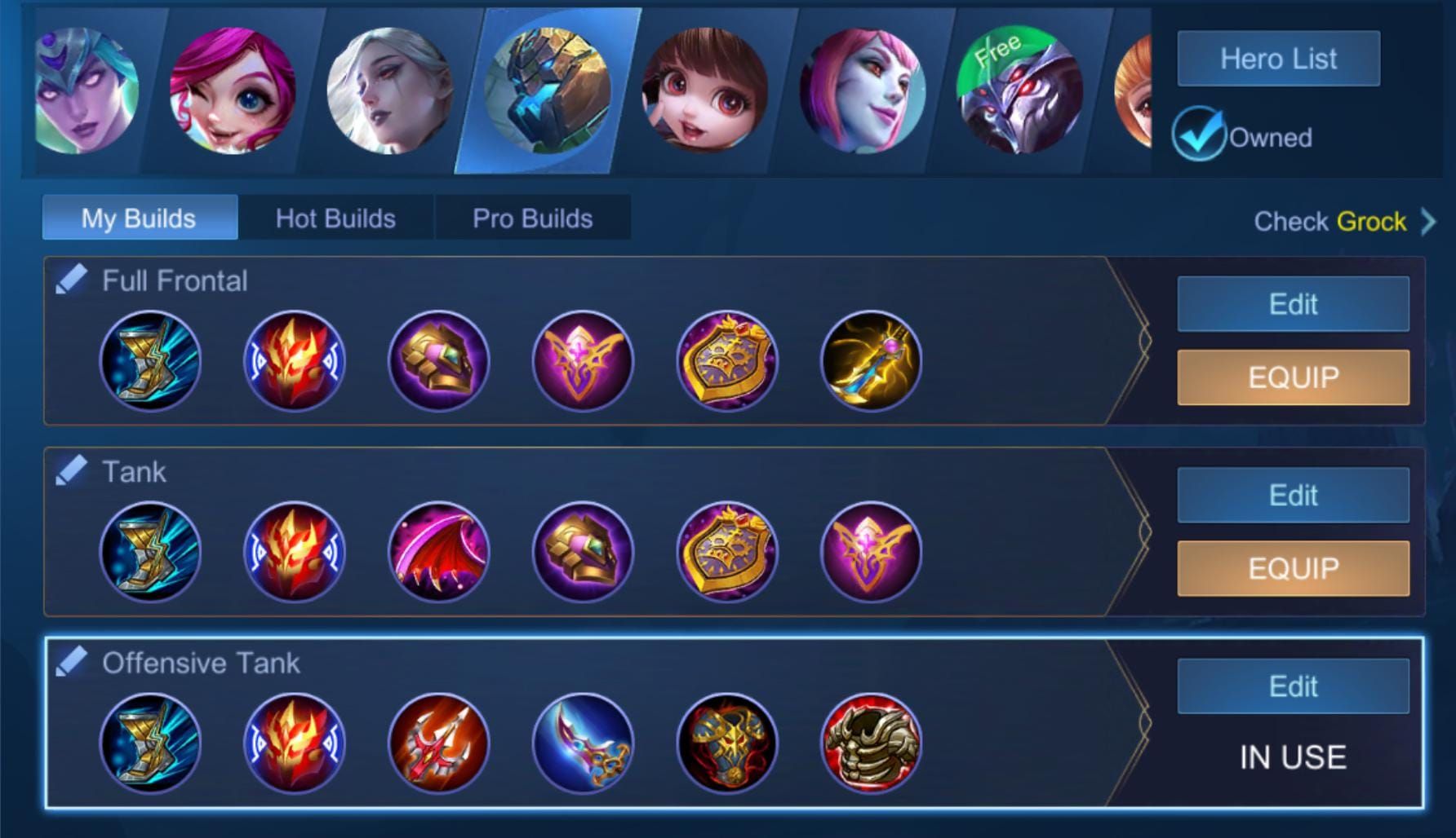 Mobile Legends Bang Bang Grock equipment build showing recommended items and costs