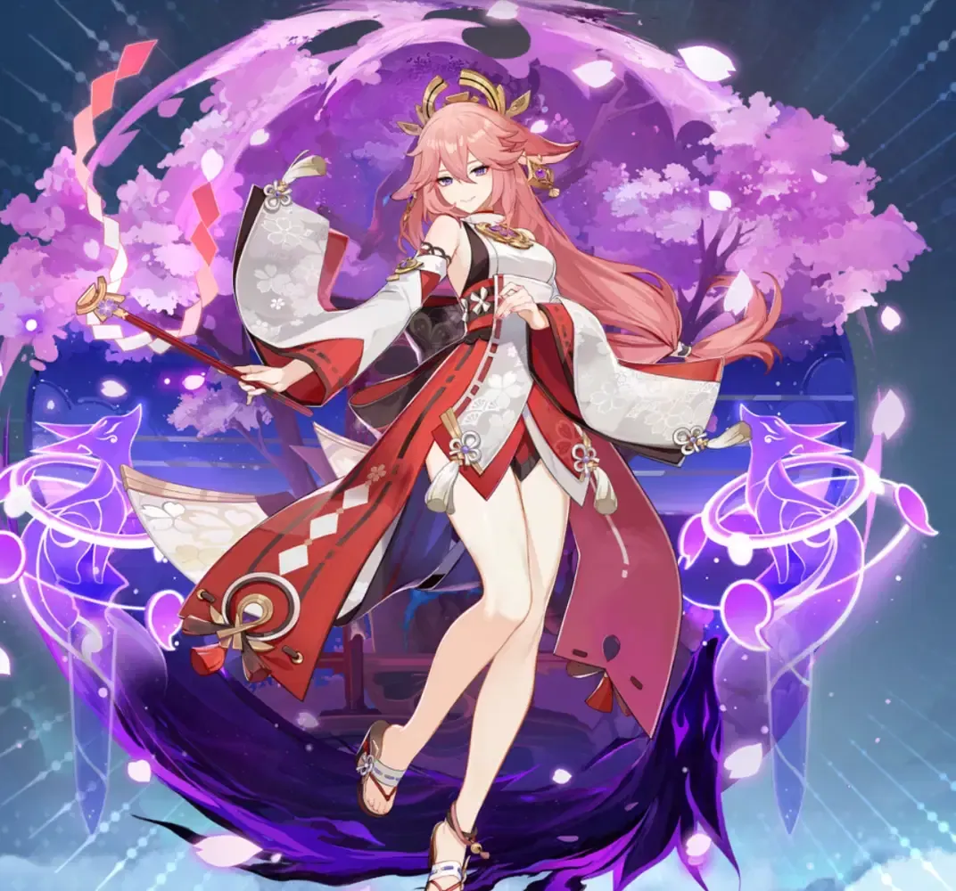 Totem Yae Miko Sesshou Sakura yang diatur dalam formasi segitiga optimal menunjukkan pola koneksi