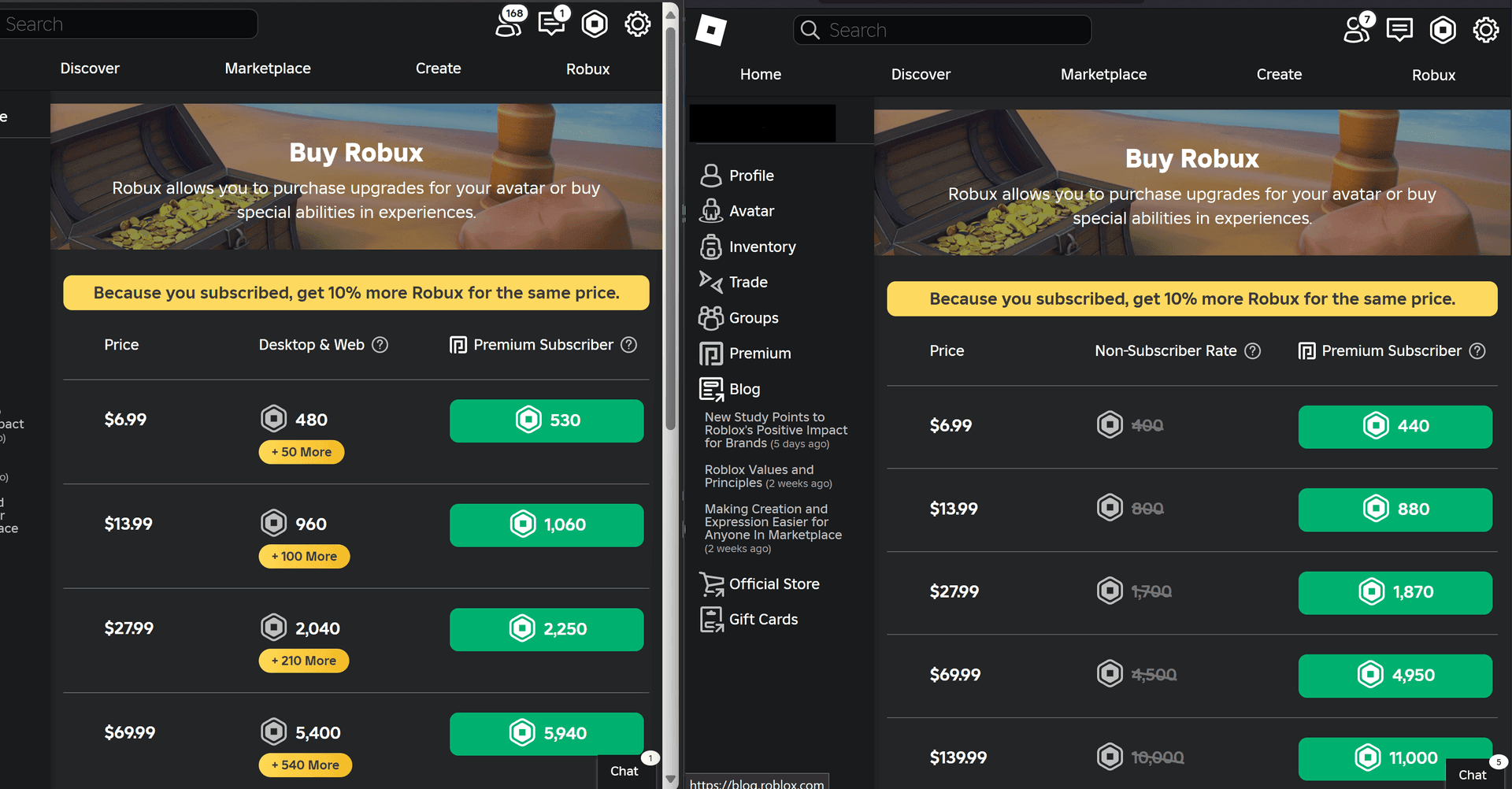 RobloxギフトカードとプレミアムRobuxの価値比較チャート