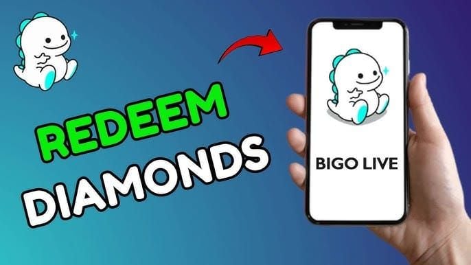 Bigo Live app interface showing the diamond redemption process with wallet section and PIN entry screen