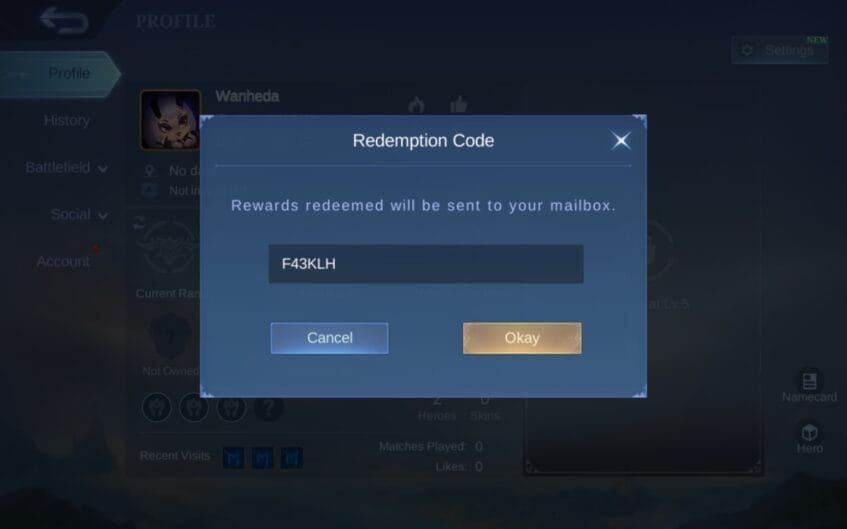 Mobile Legends official code redemption page showing input fields and verification process
