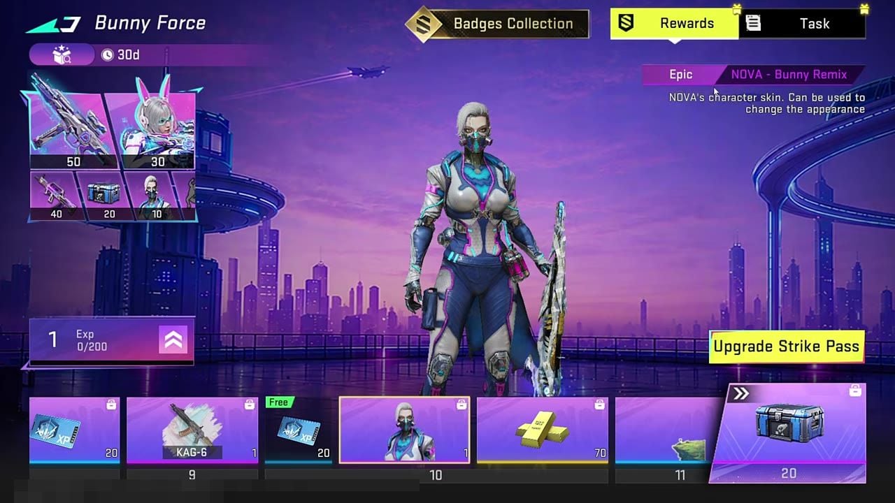 Laluan ganjaran Strike Pass Bunny Force Blood Strike sekitar tier 10 dengan skin NOVA Bunny Remix dan ganjaran Gold