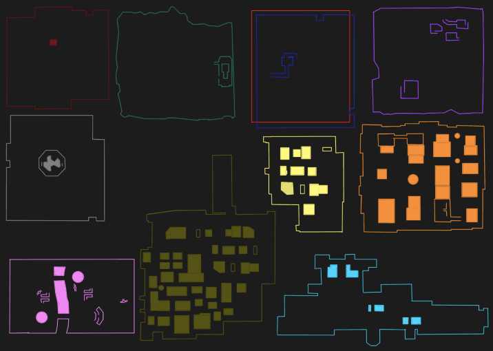 Tata letak peta Identity V menunjukkan penempatan strategis untuk berbagai jenis hunter