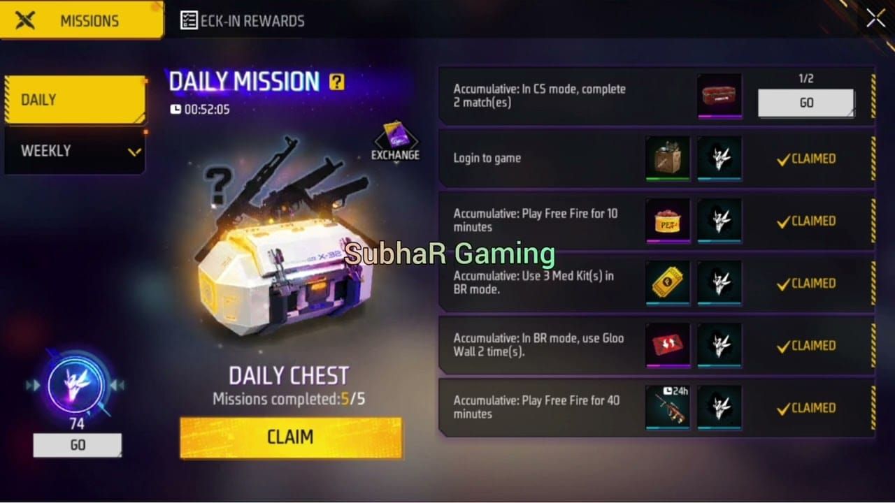 Free Fire每日任务界面，显示钻石碎片奖励和完成进度