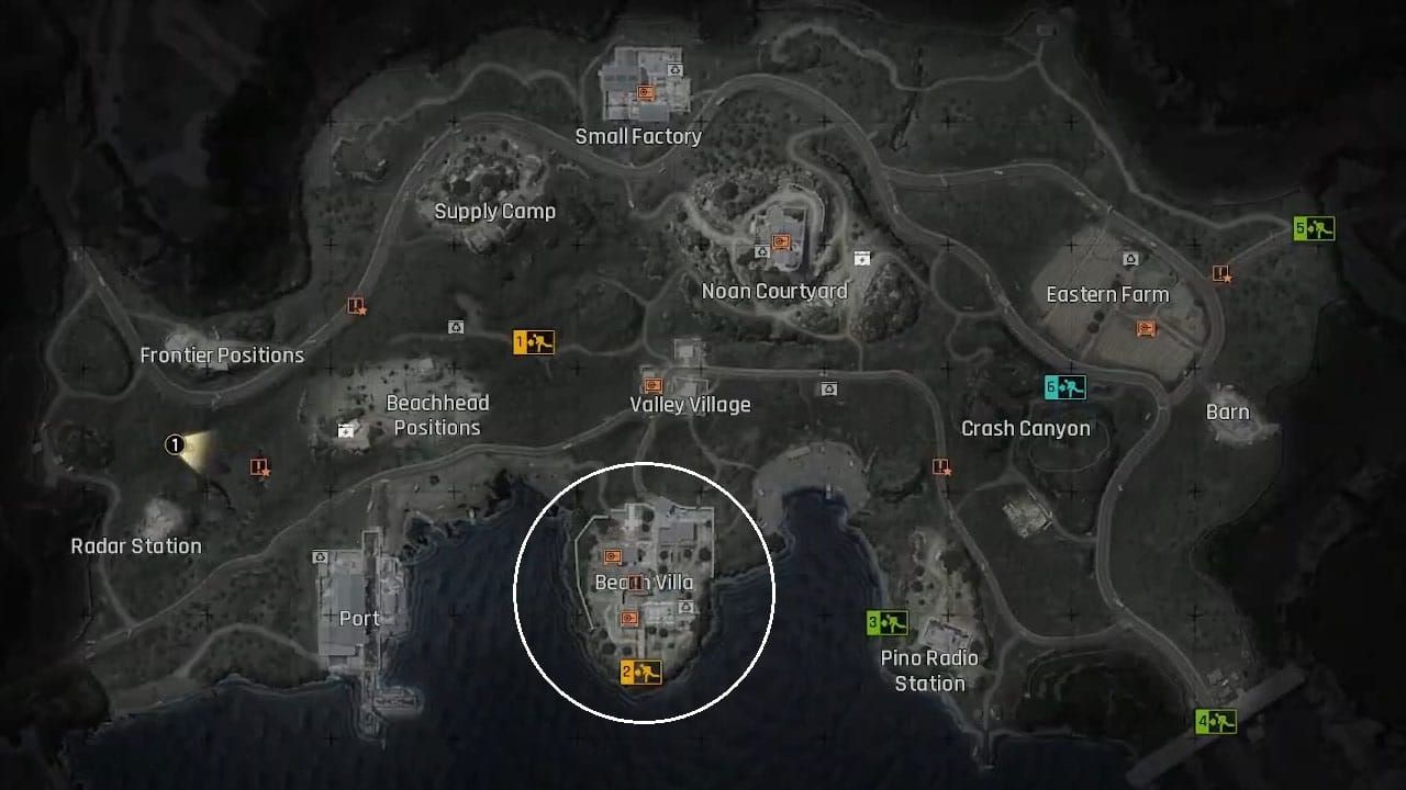 Arena Breakout Mobile Beach Villa map with farming route: safes, weapon crates, and South Beach extraction