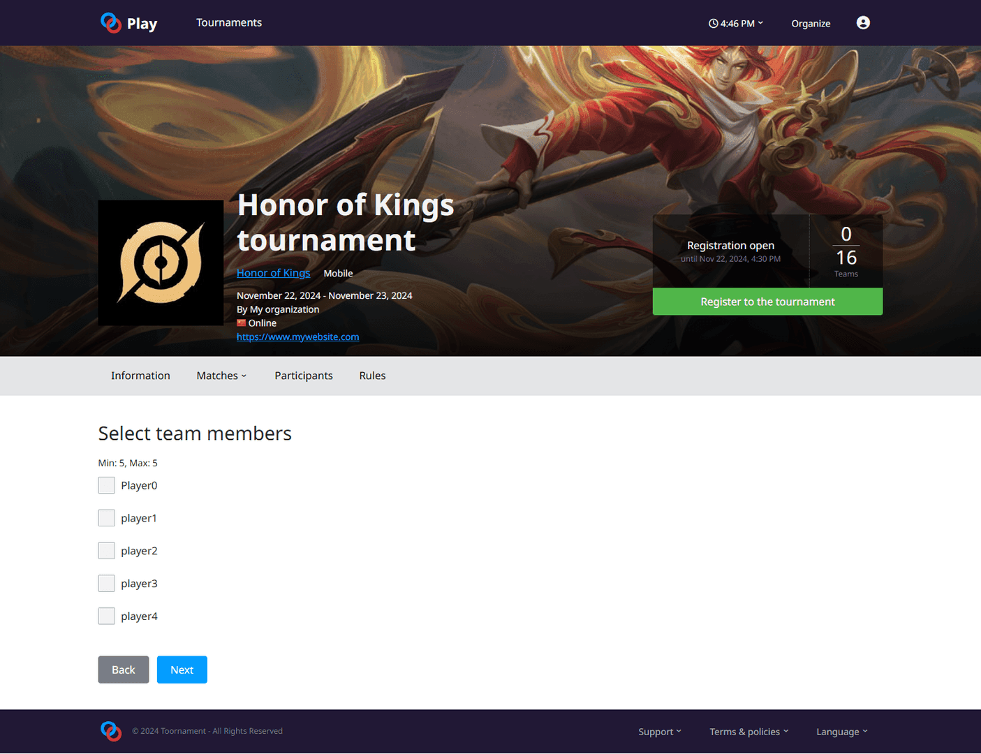 Honor of Kings team registration interface displaying regional player requirements and roster composition rules