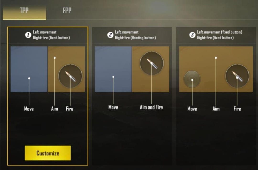 Comparison of default vs optimized PUBG Mobile button layouts showing fire button and scope control differences