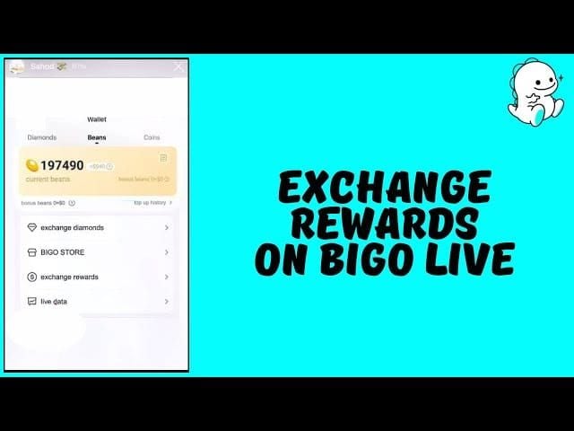 Snímek obrazovky panelu Bigo Live ukazující cestu k sekci Beans Exchange Rewards