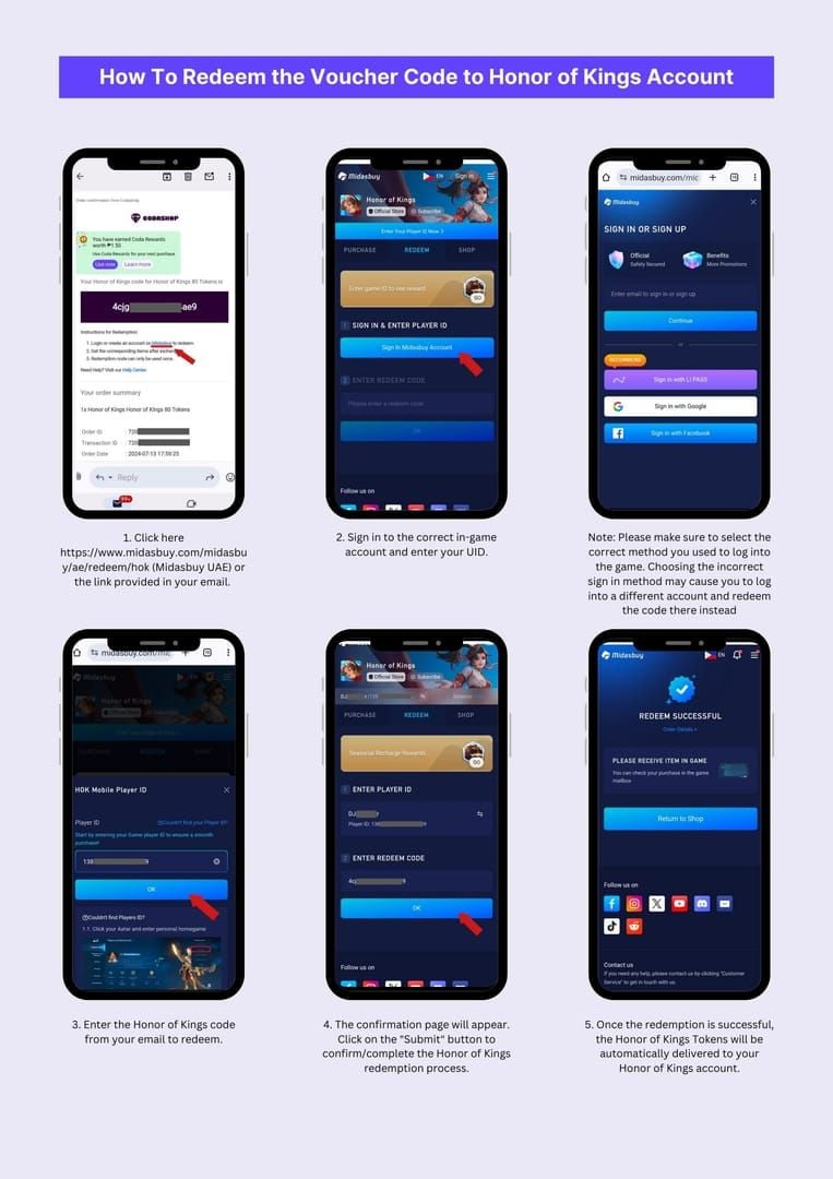 Honor of Kings mobile interface showing the code redemption process through Community tab and Gift Code section