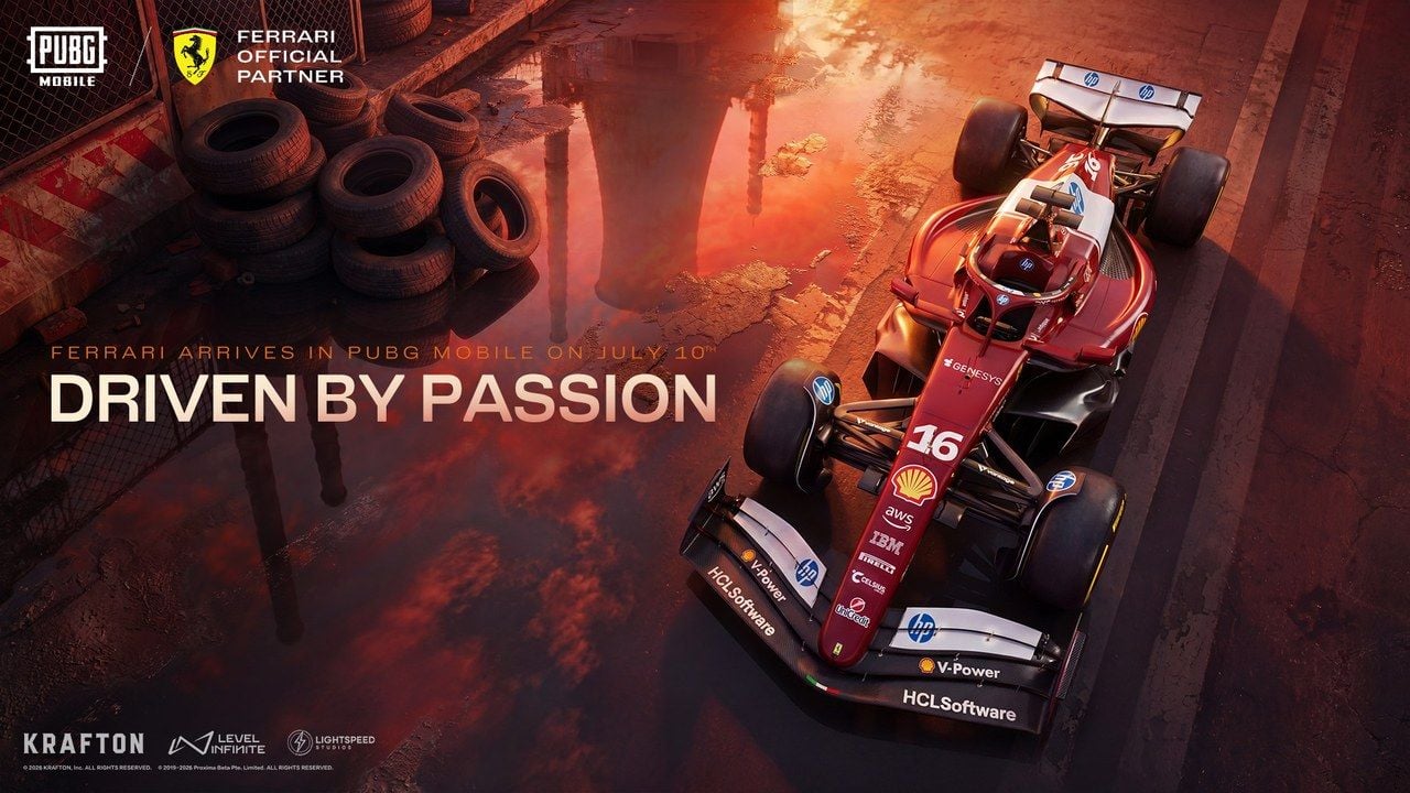 PUBG Mobile render oficial del coche Scuderia Ferrari HP F1 en un stand del campo de batalla