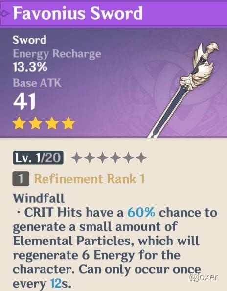 Favonius Sword weapon details showing energy recharge substat and passive ability