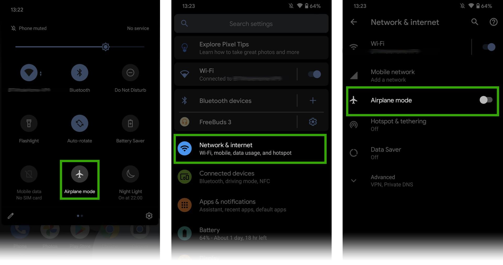 Mobile phone settings interface demonstrating airplane mode network reset steps